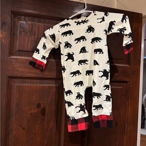 Bear Print Baby Onesie with Plaid Cuffs
